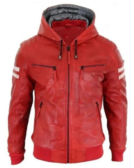 Men’s Bomber Red Leather Biker Hooded Men’s Bomber Red Leather Biker Hooded