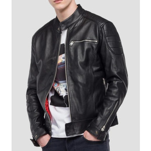 Men’s Crust Motorcycle Leather Jacket with Zipper Pockets