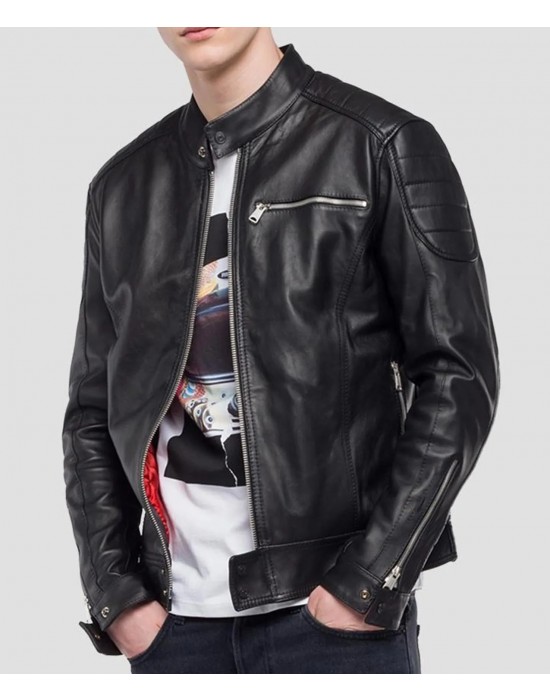 Men’s Crust Motorcycle Leather Jacket with Zipper Pockets
