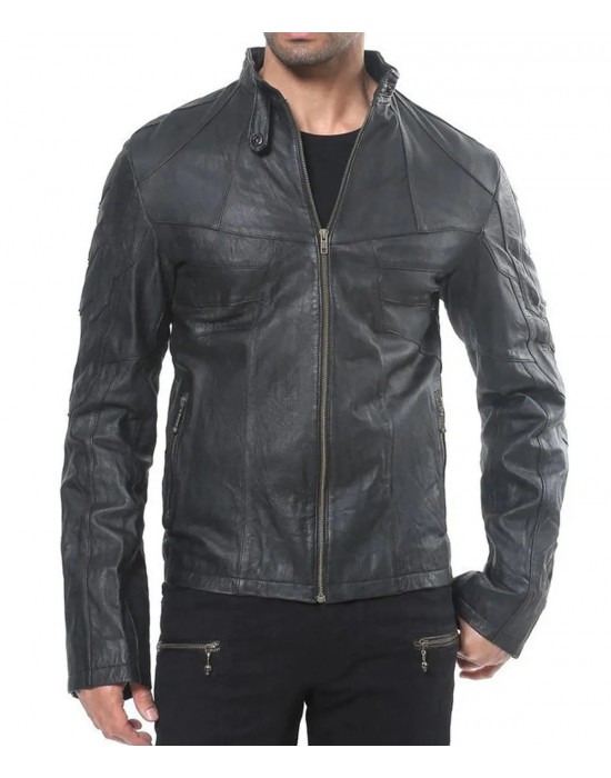 Men’s Designer Black Lambskin Leather Jacket with Front Pockets and Studs