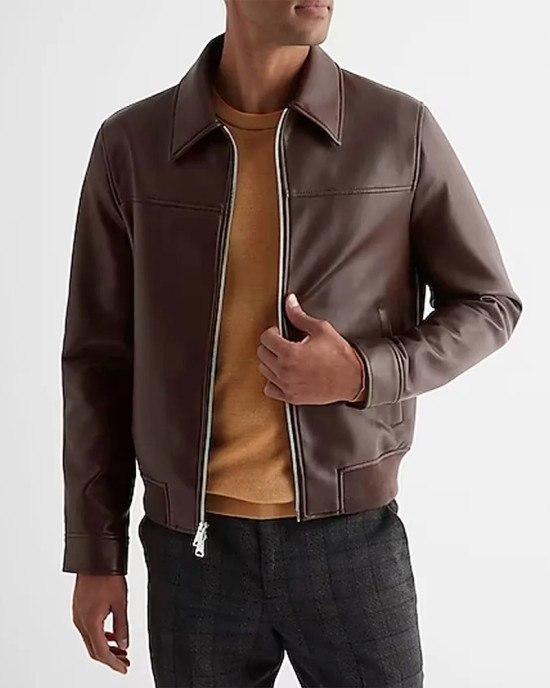 Men’s Faux Leather Jacket with Brown Shirt Collar Men’s Faux Leather Jacket with Brown Shirt Collar