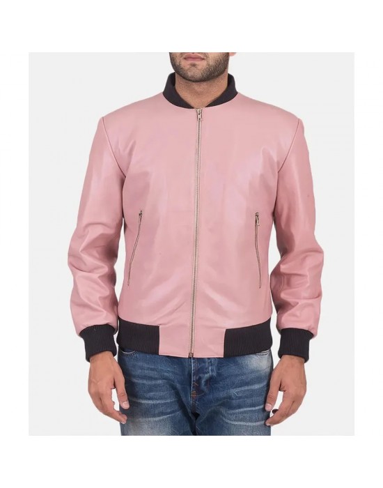 Men’s Pink Leather Bomber Jacket