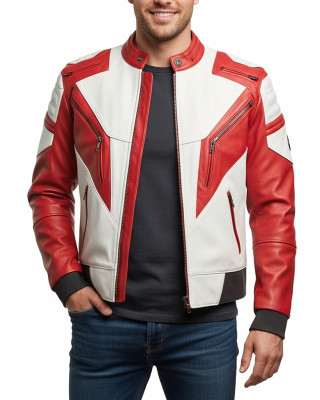Men’s White and Red Street Racer Biker Leather Jacket
