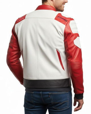 Men’s White and Red Street Racer Biker Leather Jacket