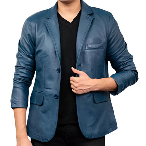 Mens Blue Real Leather Coat