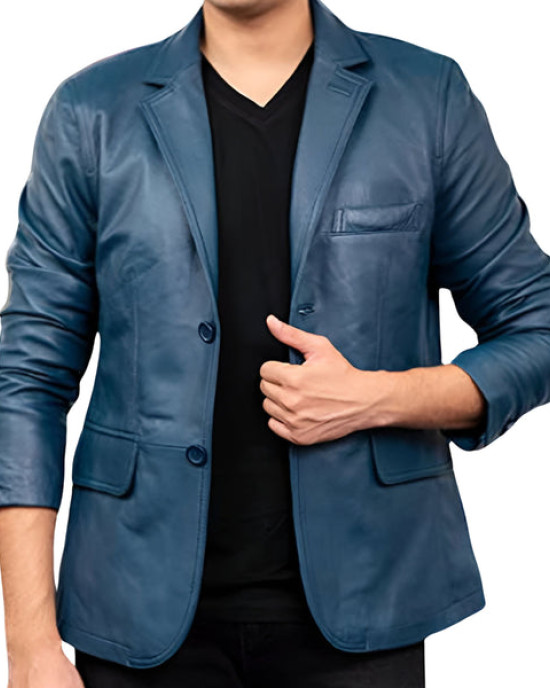Mens Blue Real Leather Coat