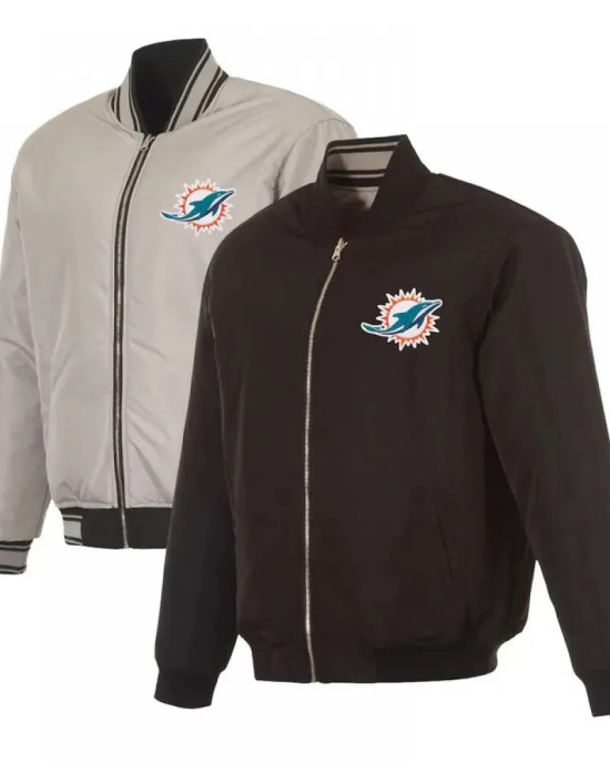 Miami Dolphins Black/Gray Full-Zip Reversible Flight Jacket Miami Dolphins Black/Gray Full-Zip Reversible Flight Jacket