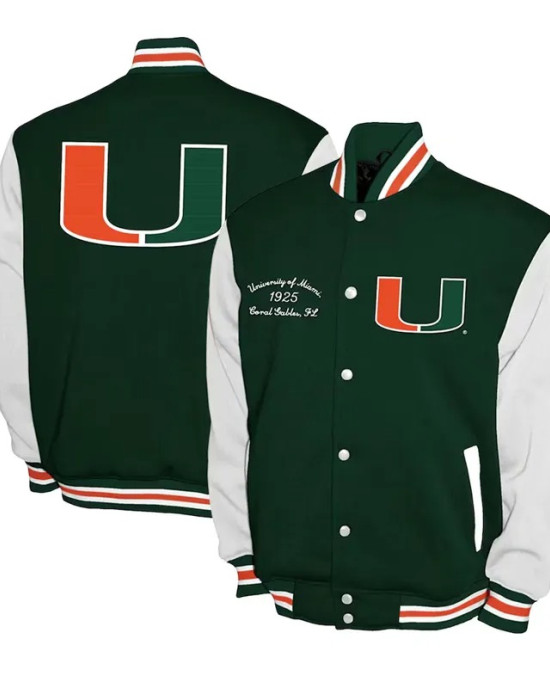Miami Hurricanes Fleece Green and White Varsity Jacket