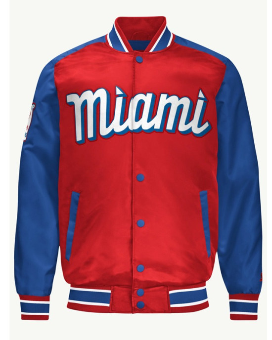 Miami Marlins Red and Blue Varsity Satin Jacket