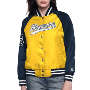 Milwaukee Brewers Home Run Gold/Navy Varsity Full-Snap Satin Jacket