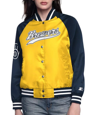 Milwaukee Brewers Home Run Gold/Navy Varsity Full-Snap Satin Jacket