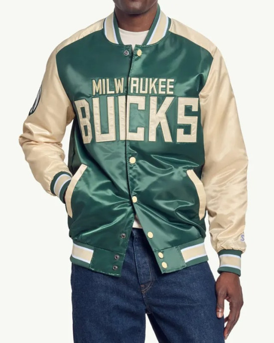 Milwaukee Bucks Green and Cream Varsity Satin Jacket