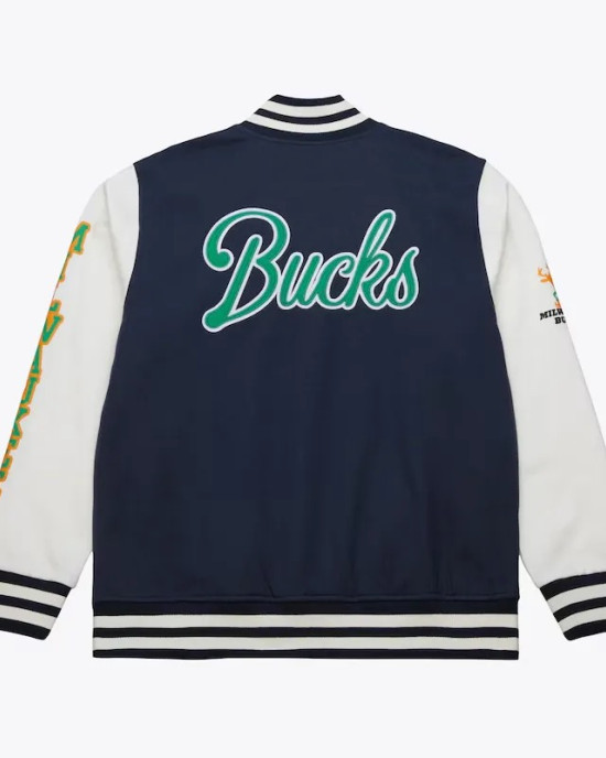 Milwaukee Bucks Navy and White Fleece Varsity Jacket Milwaukee Bucks Navy and White Fleece Varsity Jacket