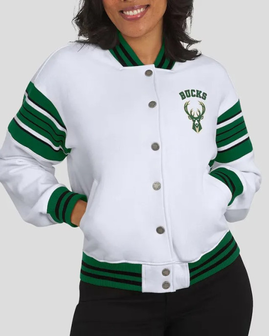 Milwaukee Bucks Snap Front White Fleece Jacket