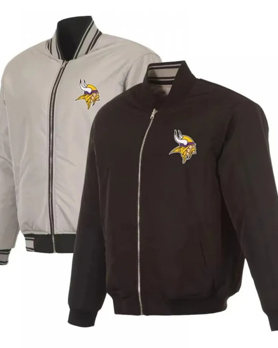 Minnesota Vikings Black/Gray Full-Zip Reversible Flight Jacket Minnesota Vikings Black/Gray Full-Zip Reversible Flight Jacket