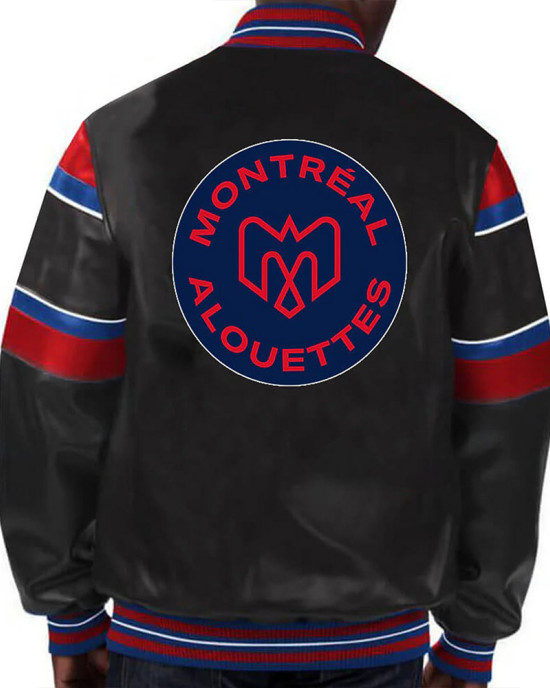 Montreal Alouettes Striped Varsity Leather Jacket Montreal Alouettes Striped Varsity Leather Jacket