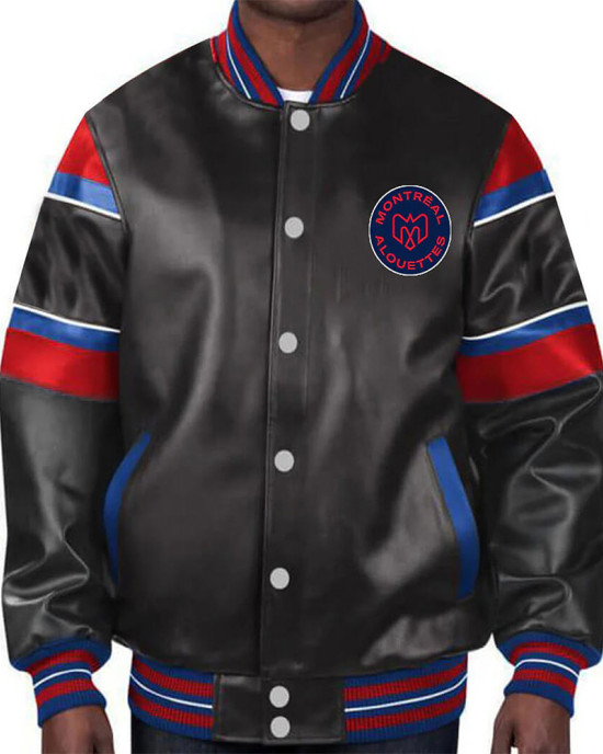 Montreal Alouettes Striped Varsity Leather Jacket Montreal Alouettes Striped Varsity Leather Jacket