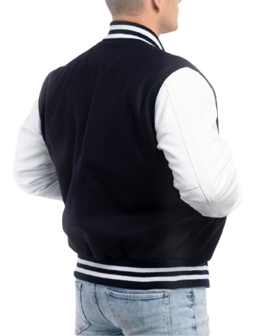 Navy Blue Wool Body & Bright White Leather Sleeves Letterman Jacket Navy Blue Wool Body & Bright White Leather Sleeves Letterman Jacket
