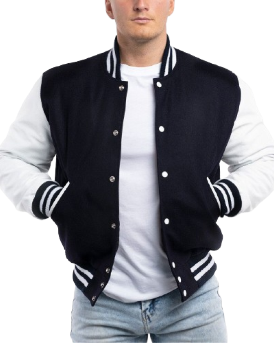 Navy Blue Wool Body & Bright White Leather Sleeves Letterman Jacket Navy Blue Wool Body & Bright White Leather Sleeves Letterman Jacket