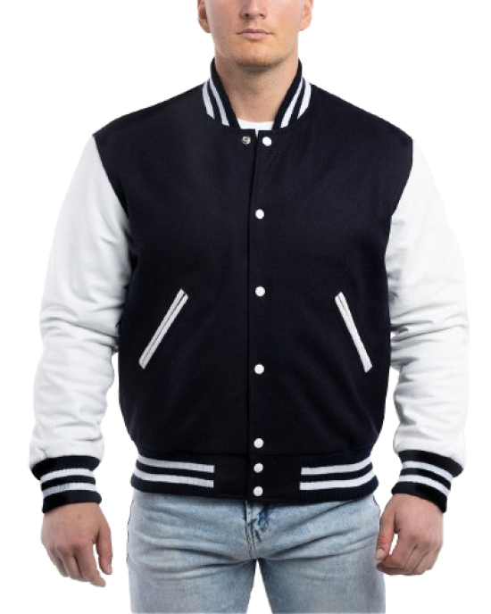Navy Blue Wool Body & Bright White Leather Sleeves Letterman Jacket Navy Blue Wool Body & Bright White Leather Sleeves Letterman Jacket