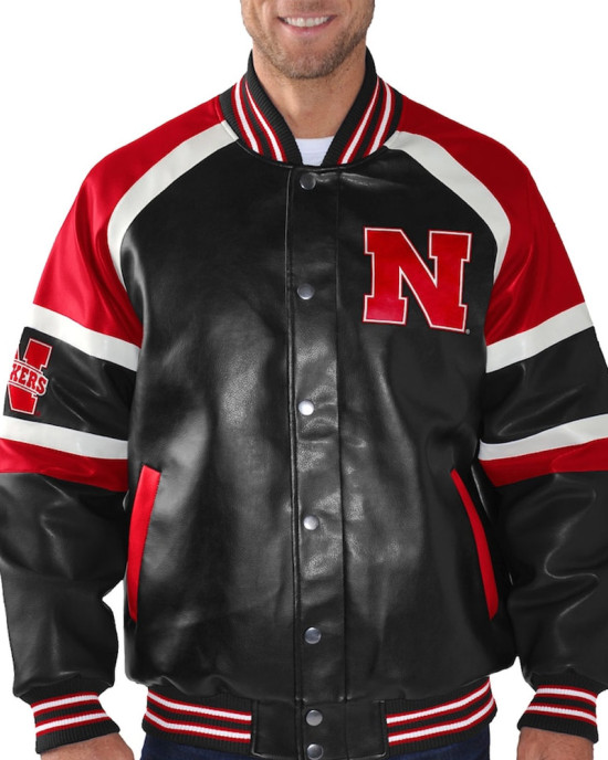 Nebraska Cornhuskers Defense Varsity Leather Jacket Nebraska Cornhuskers Defense Varsity Leather Jacket