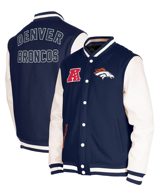 New Era Denver Broncos Navy Blue and White Varsity Jacket New Era Denver Broncos Navy Blue and White Varsity Jacket