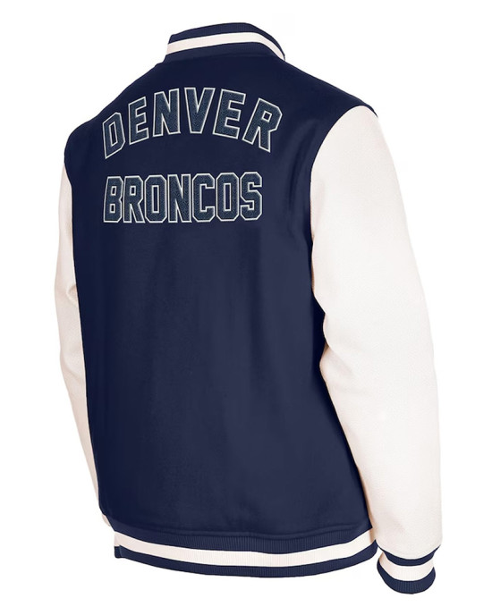 New Era Denver Broncos Navy Blue and White Varsity Jacket New Era Denver Broncos Navy Blue and White Varsity Jacket