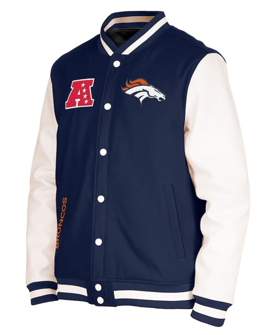 New Era Denver Broncos Navy Blue and White Varsity Jacket New Era Denver Broncos Navy Blue and White Varsity Jacket