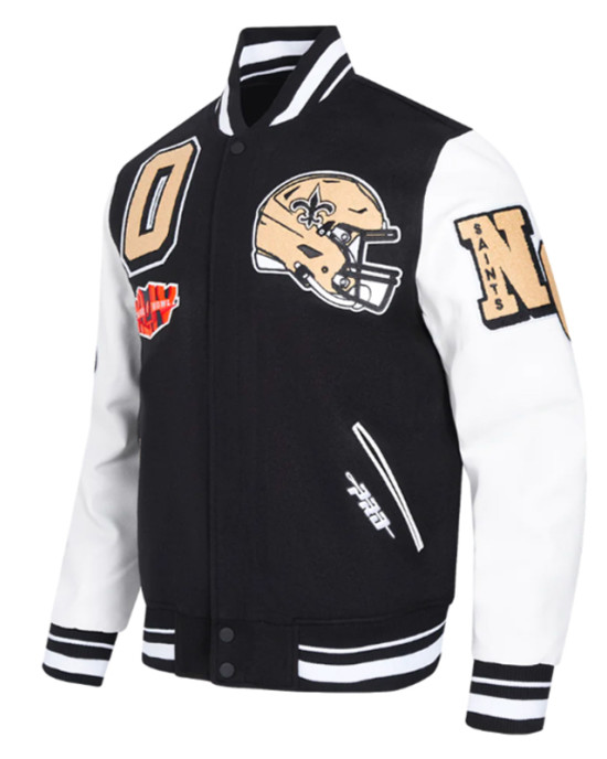 New Orleans Saints Mashup Rib Varsity Wool and Leather Jacket New Orleans Saints Mashup Rib Varsity Wool and Leather Jacket