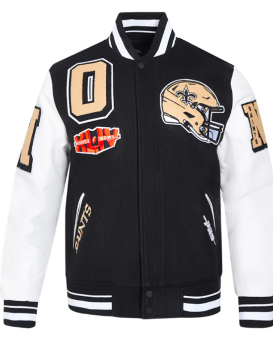 New Orleans Saints Mashup Rib Varsity Wool and Leather Jacket New Orleans Saints Mashup Rib Varsity Wool and Leather Jacket