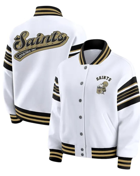 New Orleans Saints Snap Front White Fleece Jacket