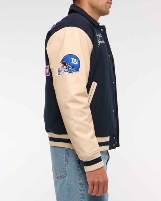 NY Giants Navy and Eggshell Varsity Bomber Jacket