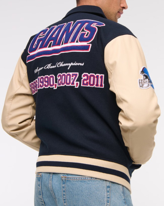 NY Giants Navy and Eggshell Varsity Bomber Jacket