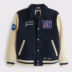 NY Giants Navy and Eggshell Varsity Bomber Jacket