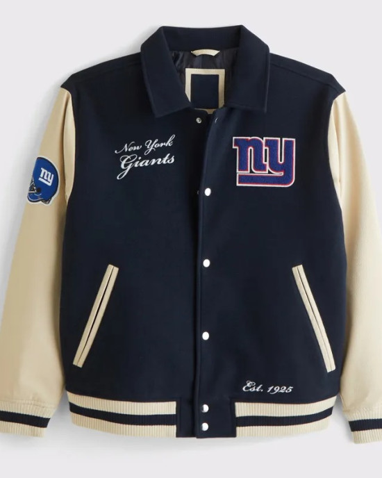 NY Giants Navy and Eggshell Varsity Bomber Jacket