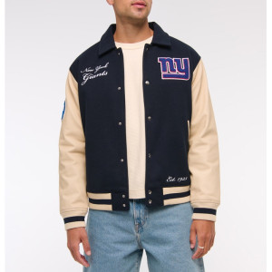 NY Giants Navy and Eggshell Varsity Bomber Jacket