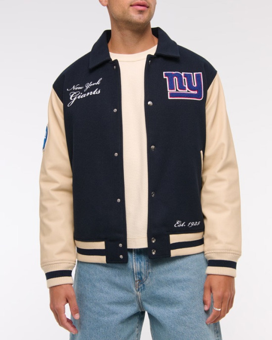 NY Giants Navy and Eggshell Varsity Bomber Jacket
