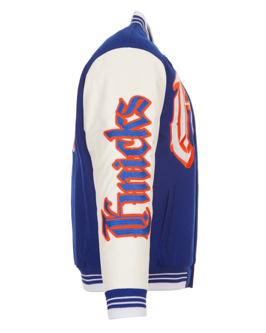 NY Knicks Gothic Varsity Wool/Leather Blue and White Jacket