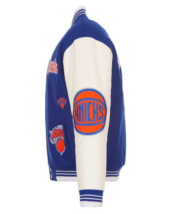 NY Knicks Gothic Varsity Wool/Leather Blue and White Jacket