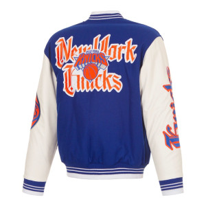 NY Knicks Gothic Varsity Wool/Leather Blue and White Jacket