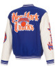 NY Knicks Gothic Varsity Wool/Leather Blue and White Jacket