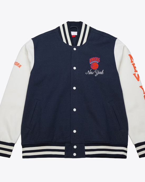 NY Knicks Navy and White Fleece Varsity Jacket NY Knicks Navy and White Fleece Varsity Jacket