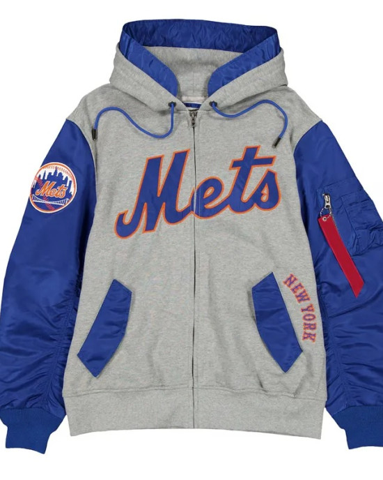 NY Mets Heather Gray/Royal Full-Zip Hoodie Jacket