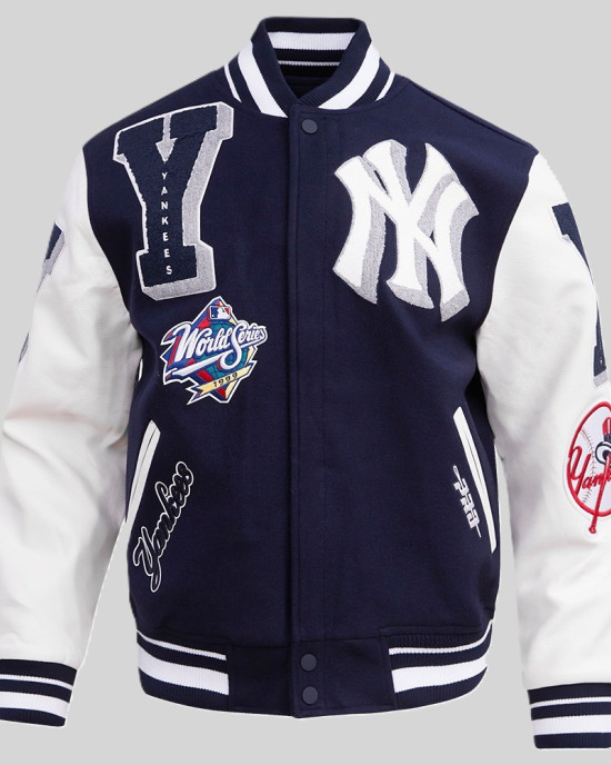 NY Yankees Mashup Men's Rib Wool Midnight Navy and White Varsity Jacket NY Yankees Mashup Men's Rib Wool Midnight Navy and White Varsity Jacket
