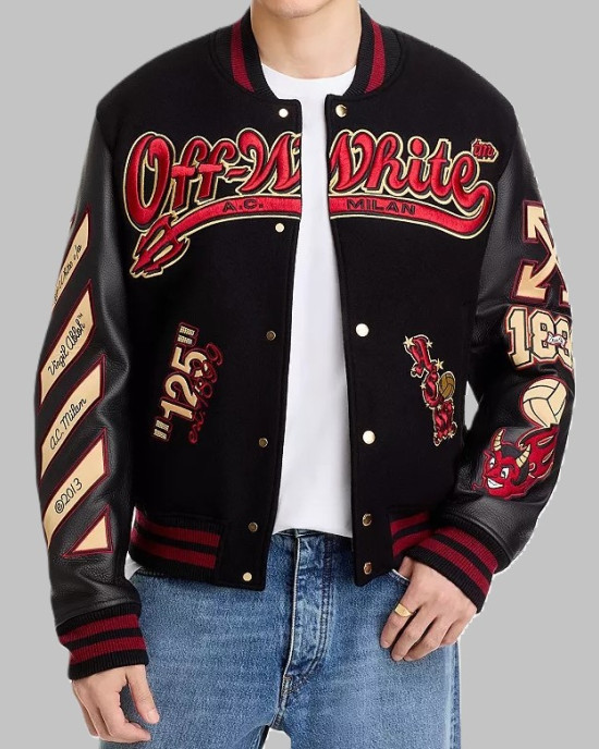 Off-White x AC Milan 125th Anniversary Black Varsity Jacket Off-White x AC Milan 125th Anniversary Black Varsity Jacket