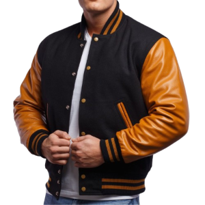 Old Gold Genuine Leather & Black Wool Varsity Letterman Jacket