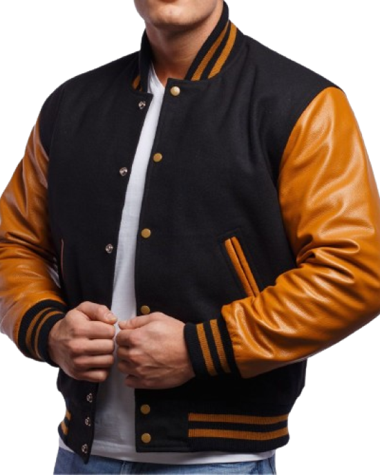 Old Gold Genuine Leather & Black Wool Varsity Letterman Jacket Old Gold Genuine Leather & Black Wool Varsity Letterman Jacket