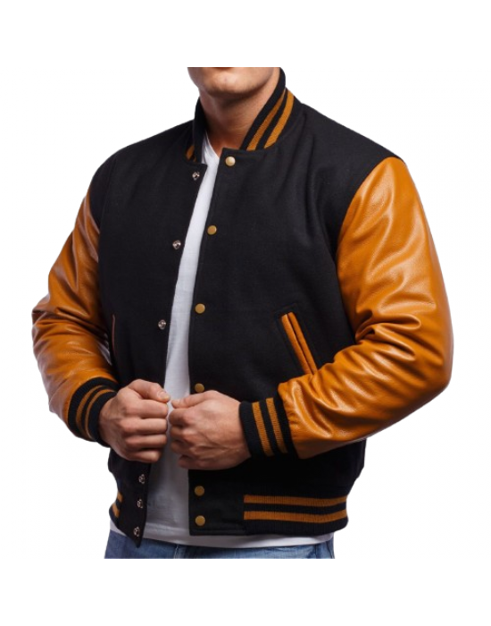 Old Gold Genuine Leather & Black Wool Varsity Letterman Jacket