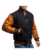 Old Gold Genuine Leather & Black Wool Varsity Letterman Jacket