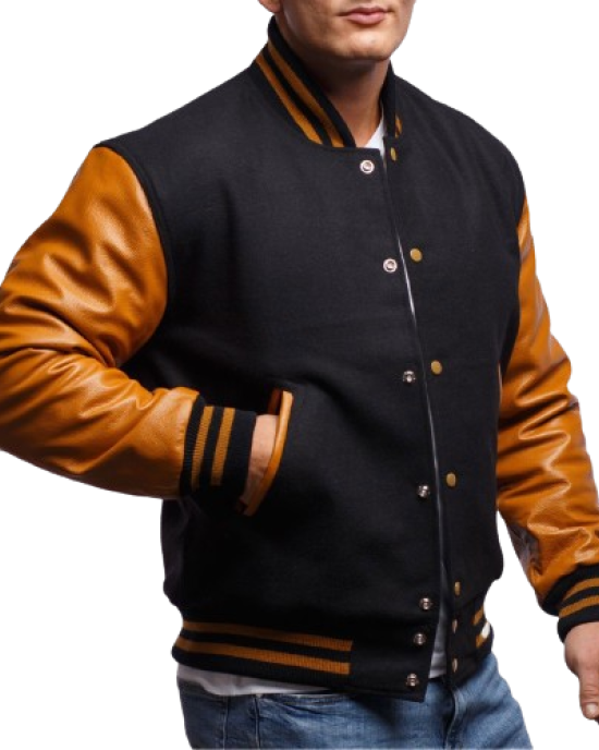 Old Gold Genuine Leather & Black Wool Varsity Letterman Jacket Old Gold Genuine Leather & Black Wool Varsity Letterman Jacket
